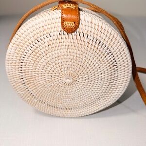 Round Woven Crossbody Bag - Cream and Tan Canteen bag